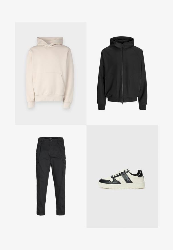 Chaqueta negra con capucha, cremallera frontal, mangas raglán, bolsillos laterales y puños elásticos. Hecha de una tela suave con un corte holgado.; Sudadera beige hecha de tela suave, con un bolsillo de canguro en la parte delantera, puños acanalados y capucha ajustable con cordón. Diseño simple y sin adornos.; Pantalones cargo negros hechos de tela resistente, que cuentan con múltiples bolsillos, un cierre de botón y un diseño de corte slim con piernas ajustadas.; Zapatillas de cuero con un esquema de colores negro y crema, que cuentan con acentos perforados, un collar acolchado y una suela texturizada.