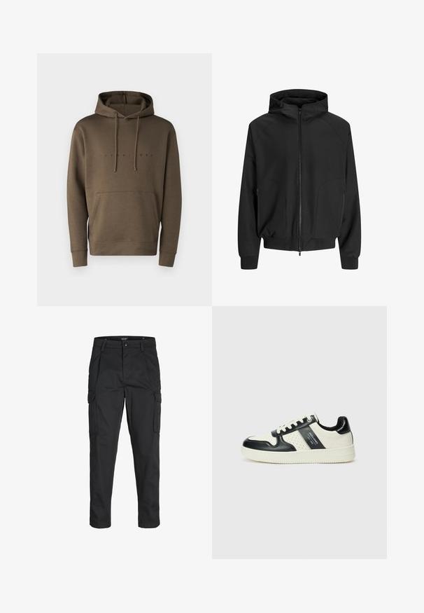 Mustmust kapuutsi ja lukuga, raglan varrukad, küljetaskud ja elastsed mansetid. Valmistatud siledast kangast, lõdva lõikega.; Pruun kapuutsiga sviiter, millel on nöörid, ees on suur tasku ja must trükitud logo rinna piirkonnas. Pehme kangastekstuuri.; Mustad mustapõlvik, mis on valmistatud tugeva koe kasutades, sisaldab mitmeid taskuid, nupule kinnitatav sulgemine ja kitsenev disain.; Nahatud nahkkingad musta ja kreemi värviskeemiga, millel on perforeeritud aktsendid, pehme krae ja tekstureeritud tallad.