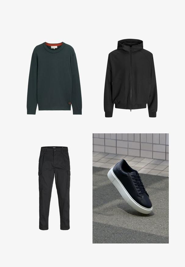 Črna jopica s kapuco in zadrgo spredaj, raglan rokavi, stranske žepke in elastične manšete. Narejena iz gladkega blaga z ohlapnim krojem.; TOM TAILOR DENIM BASIC CREWNECK - Pulover - dark gable green; Črne cargo hlače iz trdnega blaga, ki imajo več žepov, gumbasto zapiranje in ozek kroj z zožanimi nogami.; Črne usnjene superge z zaobljenim prstom in belim gumijastim podplat. Imajo ravne vezalke in minimalno šivanje na zgornjem delu. Teksturirani podplat za oprijem.