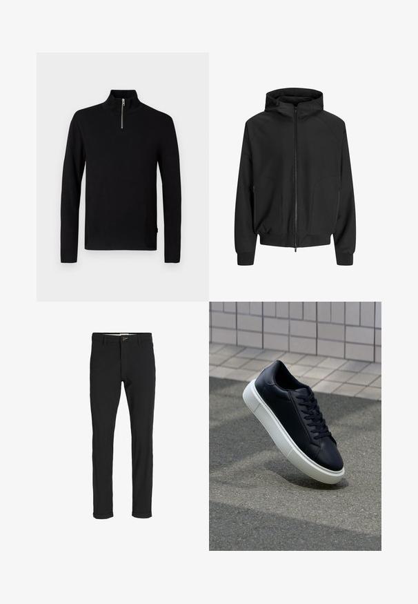 Giacca nera con cappuccio, apertura con zip, maniche raglan, tasche laterali e polsini elastici. Realizzata in tessuto morbido con una vestibilità ampia.; Maglione nero a maniche lunghe con colletto alto e una corta cerniera argentata al centro davanti.; Pantaloni neri in cotone misto con vestibilità slim, dotati di chiusura con bottone, tasche e orli arrotolati per un look informale.; Sneaker in pelle nera con punta arrotondata e suola in gomma bianca. Presenta lacci piatti e cuciture minime sulla parte superiore. Suola testurizzata per una migliore aderenza.