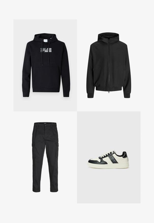 Čierna kapucňová bunda so zipsom vpredu, raglánovými rukávmi, bočnými vreckami a elastickými manžetami. Vyrobená z hladkej tkaniny s voľným strihom.; Čierna mikina s kapucňou vyrobená z mäkkej tkaniny, s predným klokánkovým vreckom a potlačou loga cez hruď. Dlhé rukávy s rebrovanými manžetami.; Čierne cargo nohavice z odolnej látky, s viacerými vreckami, gombíkovým zapínaním a úzkym strihom so zúženými nohavicami.; Kožené tenisky v čierno-krémovej farbe, s perforovanými akcentmi, polstrovaným golierom a štruktúrovanou podrážkou.