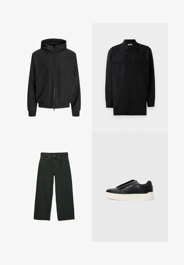 Černá kapucová bunda se zipem vpředu, raglánovými rukávy, bočními kapsami a elastickými manžetami. Vyrobena z hladké látky s volným střihem.; Černá košile na knoflíky vyrobená z hladké tkaniny, s klasickým límcem, dvěma předními kapsami a dlouhými rukávy s knoflíkovými manžetami.; Tmavě zelené široké džíny vyrobené z denimu; mají přední knoflík a zip, pět kapes a jemné variace textury.; Černé nazouvací tenisky s texturovaným koženým svrškem, bílou gumovou podrážkou a bez viditelných tkaniček. Na boku se nachází logo značky.