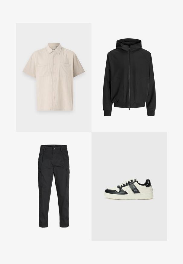 Chaqueta negra con capucha, cremallera frontal, mangas raglán, bolsillos laterales y puños elásticos. Hecha de una tela suave con un corte holgado.; Camisa de botones de manga corta en beige claro con una tela texturizada, dos bolsillos en el pecho y un cuello puntiagudo.; Pantalones cargo negros hechos de tela resistente, que cuentan con múltiples bolsillos, un cierre de botón y un diseño de corte slim con piernas ajustadas.; Zapatillas de cuero con un esquema de colores negro y crema, que cuentan con acentos perforados, un collar acolchado y una suela texturizada.