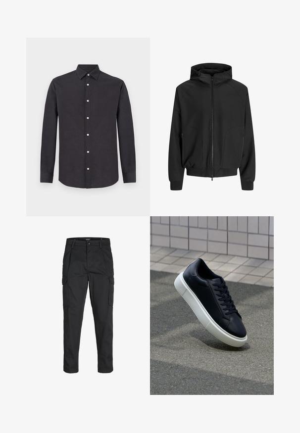 Czarna kurtka z kapturem, z zamkiem z przodu, raglanowymi rękawami, bocznymi kieszeniami i elastycznymi mankietami. Wykonana z gładkiego materiału o luźnym kroju.; Czarna koszula zapinana na guziki z długim rękawem, wykonana z gładkiego materiału, z kołnierzykiem w kształcie ostrym i srebrnymi guzikami, z prostym dołem i dopasowanym krojem.; Czarne spodnie cargo wykonane z wytrzymałego materiału, z wieloma kieszeniami, zapięciem na guzik oraz zwężanym krojem nogawek.; Czarne skórzane sneakersy z okrągłym noskiem i białą gumową podeszwą. Posiadają płaskie sznurowadła i minimalne przeszycia na cholewce. Teksturowana podeszwa zapewnia przyczepność.