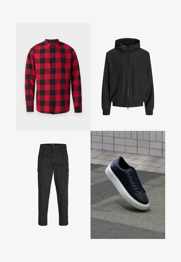 Čierna kapucňová bunda so zipsom vpredu, raglánovými rukávmi, bočnými vreckami a elastickými manžetami. Vyrobená z hladkej tkaniny s voľným strihom.; Červená a čierna kockovaná flanelová košeľa s gombíkmi vpredu, dlhými rukávmi a golierom. Obsahuje klasický tartanový vzor.; Čierne cargo nohavice z odolnej látky, s viacerými vreckami, gombíkovým zapínaním a úzkym strihom so zúženými nohavicami.; Čierne kožené tenisky s okrúhlou špičkou a bielou gumovou podrážkou. Majú ploché šnúrky a minimálne šitie na vrchu. Textúrovaná podrážka pre lepšiu priľnavosť.