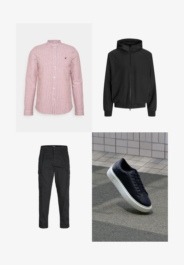 Veste à capuche noire avec fermeture éclair à l'avant, manches raglan, poches latérales et poignets élastiques. Fabriquée à partir d'un tissu lisse avec une coupe ample.; Chemise à manches longues rayée rouge et blanche avec col mandarin, fermeture par boutons et petit logo sur la poitrine. Tissu en coton.; Pantalons cargo noirs en tissu résistant, dotés de plusieurs poches, d'une fermeture par bouton et d'une coupe slim avec des jambes fuselées.; Baskets noires en cuir avec bout arrondi et semelle en caoutchouc blanc. Elles présentent des lacets plats et une couture minimale sur la tige. Semelle texturée pour une bonne adhérence.