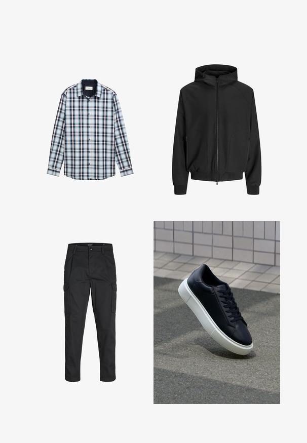 Črna jopica s kapuco in zadrgo spredaj, raglan rokavi, stranske žepke in elastične manšete. Narejena iz gladkega blaga z ohlapnim krojem.; Srajca s dolgimi rokavi v karirastem vzorcu, ki vključuje modro, belo in burgundsko barvo. Narejena iz lahke tkanine z ovratnikom na gumb in gumbi spredaj.; Črne cargo hlače iz trdnega blaga, ki imajo več žepov, gumbasto zapiranje in ozek kroj z zožanimi nogami.; Črne usnjene superge z zaobljenim prstom in belim gumijastim podplat. Imajo ravne vezalke in minimalno šivanje na zgornjem delu. Teksturirani podplat za oprijem.