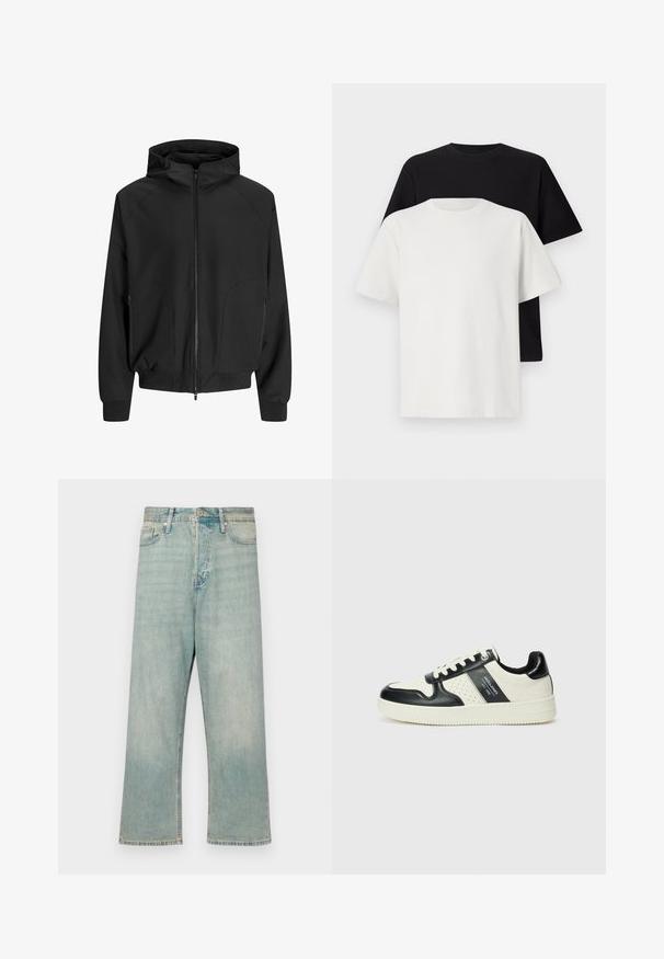 Mustmust kapuutsi ja lukuga, raglan varrukad, küljetaskud ja elastsed mansetid. Valmistatud siledast kangast, lõdva lõikega.; Puuvillane t-särkide komplekt, mis sisaldab musta ja valget särk, mõlemad lühikeste varrukatega, ümmarguse kaelusega ja standardse lõikega. Tekstuuriga kangas.; Helekest sinine teksapüksid, mugava lõikega, sirgete jalgadega ja kulunud viimistlusega; omad klassikalise nupu ja lukuga sulgemise.; Nahatud nahkkingad musta ja kreemi värviskeemiga, millel on perforeeritud aktsendid, pehme krae ja tekstureeritud tallad.