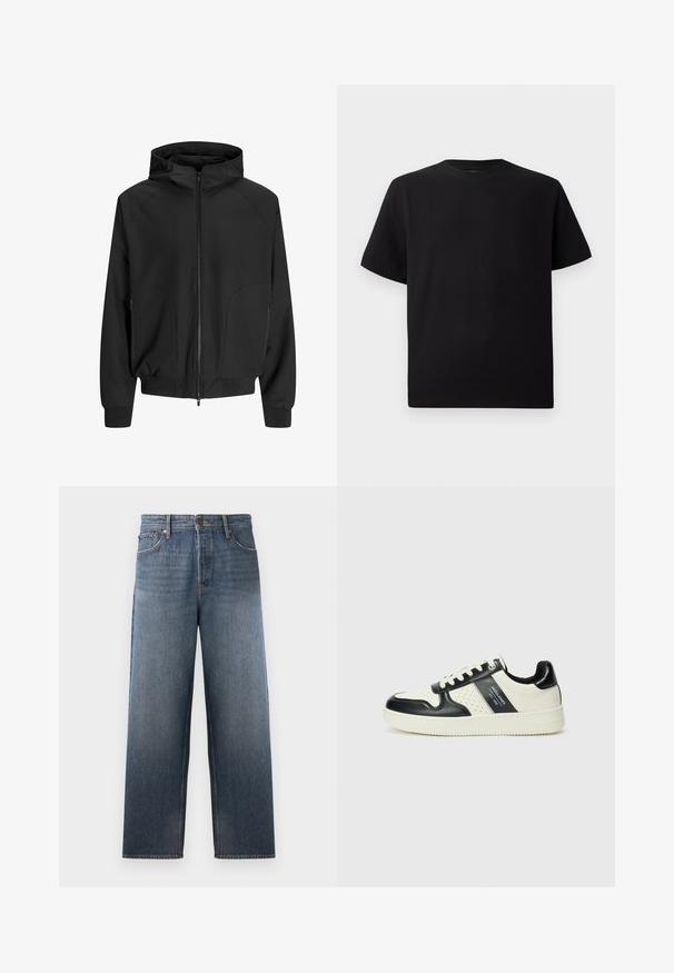 Juodas užtrauktuku užsegamas gobtuvėlis su raglaniniu rankovėmis, šoninėmis kišenėmis ir elastingomis rankovėmis. Pagamintas iš glotnaus audinio, yra laisvo kirpimo.; Juodas trumpomis rankovėmis marškinėliai, pagaminti iš tekstūruotos medžiagos, su apvaliu iškirpimu ir laisvu siluetu. Paprasti, be raštų ar akcentų.; Mėlynos džinsinės kelnės su tiesiu pjūviu, turinčios penkis kišenes, sagą ir užtrauktuką, bei subtilių nusidėvėjimo efektų.; Odiniai sportbačiai juodos ir kreminės spalvų schemoje, su perforuotais akcentais, paminkštinta apykakle ir tekstūruotu padu.