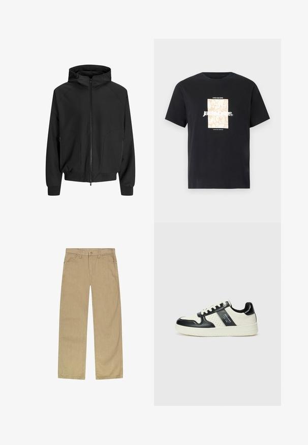 Black hooded jacket with a zip front, raglan sleeves, side pockets, and elastic cuffs. Made from smooth fabric with a loose fit.; Black cotton t-shirt with round neck. Features a beige rectangular graphic and white text, "JAWO," centered on the front. Short sleeves.; Beige cotton twill pants with a straight leg design, five pockets, front button closure, and copper-tone rivets for durability.; Leather sneakers with a black and cream color scheme, featuring perforated accents, a padded collar, and a textured outsole.