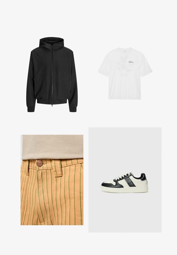 Zwarte hoodiejack met rits aan de voorkant, raglanmouwen, zijzakken en elastische manchetten. Gemaakt van een soepele stof met een losse pasvorm.; Witte katoenen t-shirt met korte mouwen, met een opdruk aan de voorkant die "Soar into Tranquility" in zwart en groen weergeeft.; Tan gestreepte broek met verticale groene lijnen, voorzien van een bruine knoop bij de tailleband, gedetailleerde stiksels en een visgraatstructuur.; Leren sneakers met een zwart en crèmekleurig kleurenschema, voorzien van geperforeerde accenten, een gevoerde kraag en een gestructureerde buitenzool.