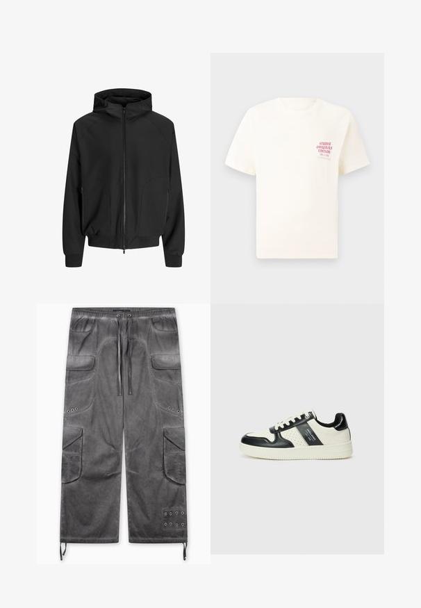 Čierna kapucňová bunda so zipsom vpredu, raglánovými rukávmi, bočnými vreckami a elastickými manžetami. Vyrobená z hladkej tkaniny s voľným strihom.; Biele tričko s krátkym rukávom s červeným textom "Studio Originals Edition" na ľavej hrudi, zobrazené na neutrálnom šedom pozadí.; Šedé cargo nohavice s voľným strihom, vybavené viacerými vreckami, textúrovanou tkaninou, sťahovacou šnúrkou v páse a kovovými očkami.; Kožené tenisky v čierno-krémovej farbe, s perforovanými akcentmi, polstrovaným golierom a štruktúrovanou podrážkou.