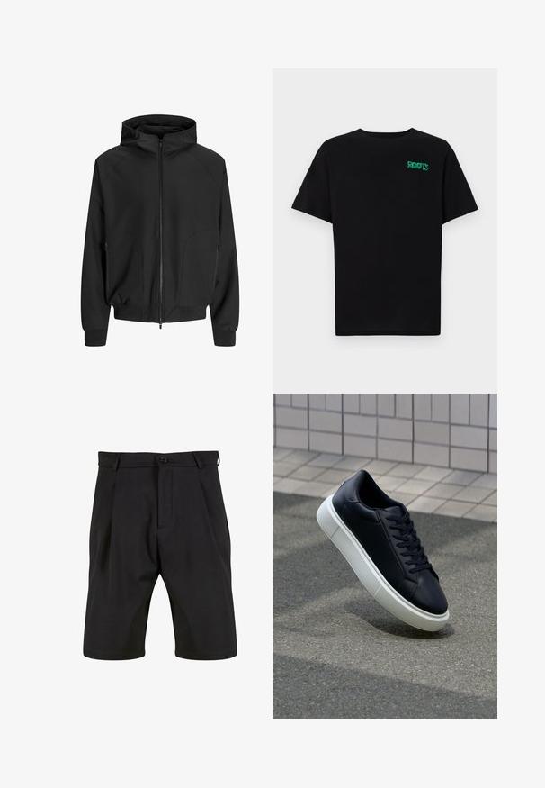 Svart hettejakke med glidelås foran, raglanermer, sidelommer og elastiske mansjetter. Laget av glatt stoff med løs passform.; svart t-skjorte laget av bomull med korte ermer. Har et grønt "ROOTS"-logo på forsiden, rund halsutringning og standard passform.; Svarte shorts laget av et glatt stoff med en skreddersydd design, med knappelukking foran, folder og sidelommer.; Sorte skinnsneakers med rund tå og hvit gummisåle. Har flate lisser og minimal søm på overdelen. Strukturert såle for grep.