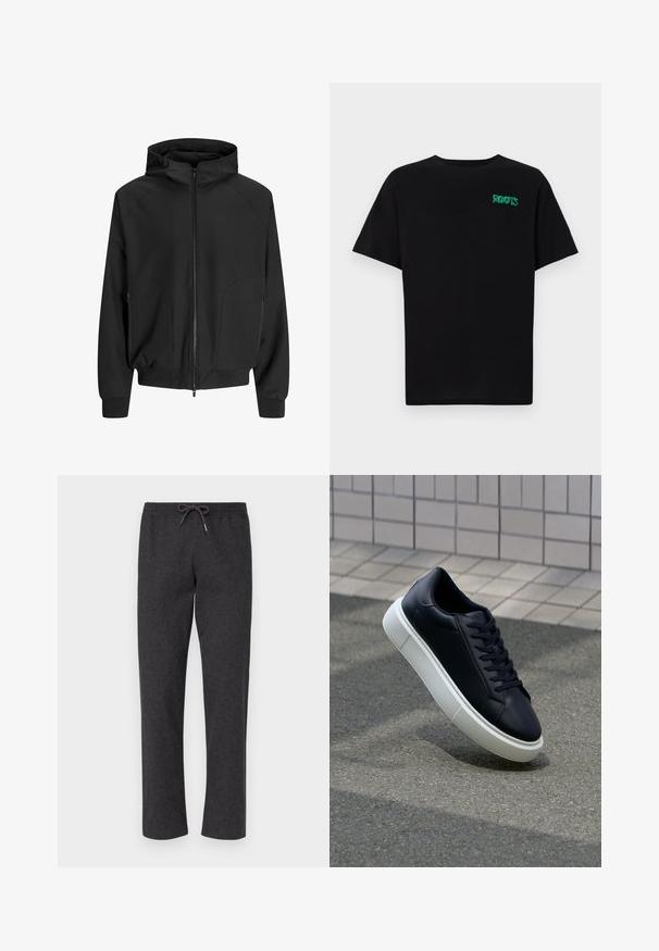 Black hooded jacket with a zip front, raglan sleeves, side pockets, and elastic cuffs. Made from smooth fabric with a loose fit.; Black t-shirt made of cotton with short sleeves. Features a green "ROOTS" logo on the front, round neckline, and standard fit.; Dark gray, soft fabric pants with an elastic waist and drawstring. Straight-leg design, no pockets, smooth texture, and simple construction.; Black leather sneaker with rounded toe and white rubber sole. Features flat laces and minimal stitching on the upper. Textured sole for grip.