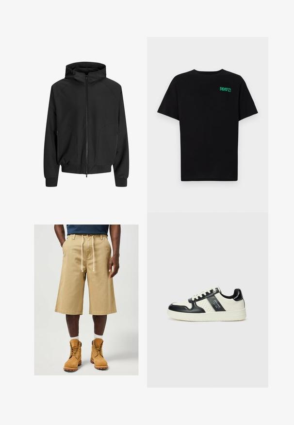 Black hooded jacket with a zip front, raglan sleeves, side pockets, and elastic cuffs. Made from smooth fabric with a loose fit.; Black t-shirt made of cotton with short sleeves. Features a green "ROOTS" logo on the front, round neckline, and standard fit.; Beige shorts made of cotton with a loose fit, featuring a drawstring waist and side pockets. Paired with tan work boots and white socks.; Leather sneakers with a black and cream color scheme, featuring perforated accents, a padded collar, and a textured outsole.