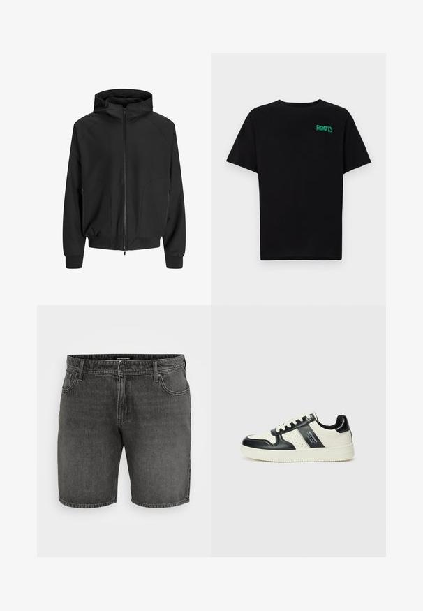 Svart hettejakke med glidelås foran, raglanermer, sidelommer og elastiske mansjetter. Laget av glatt stoff med løs passform.; svart t-skjorte laget av bomull med korte ermer. Har et grønt "ROOTS"-logo på forsiden, rund halsutringning og standard passform.; Svarte denimshorts med klassisk femlommedesign, knappelukking og sømdetaljer. Laget av slitesterk bomullsmateriale.; Lædersneakers med sort og creme farveskema, der har perforerede detaljer, en polstret krave og en struktureret ydersål.