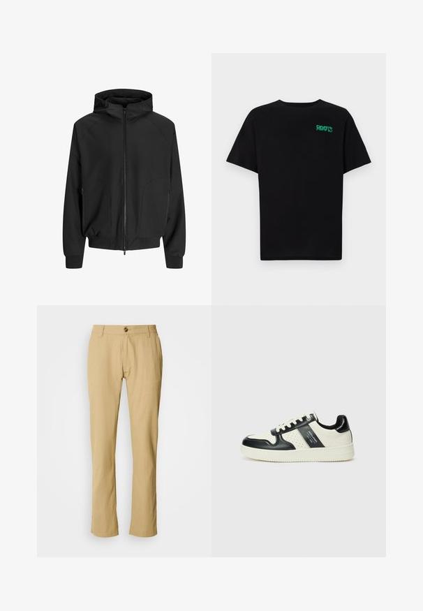 Mustapukuinen hupullinen takki, jossa on vetoketju edessä, raglan-hihat, sivutaskut ja elastiset hihansuut. Valmistettu sileästä kankaasta ja siinä on väljä istuvuus.; Mustat t-paidat, jotka on valmistettu puuvillasta ja joissa on lyhyet hihat. Edessä vihreä "ROOTS"-logo, pyöreä kaula-aukko ja normaali istuvuus.; Beige-housut, joissa on suora lahje, nappisulku ja hienovarainen kangas tekstuuri. Ei kuvioita tai lisäosien näkyvissä.; Nahkakengät musta-kerma värimaailmassa, joissa on rei'itetyt yksityiskohdat, pehmustettu nilkkaosa ja teksturoitu pohja.