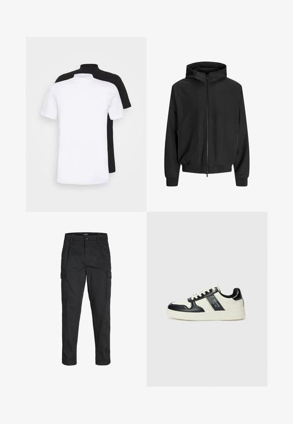 Melnā kapuce ar rāvējslēdzēju, raglāna piedurknēm, sānu kabatām un elastīgām aprocēm. Izgatavota no gludas auduma ar brīvu piegriezumu.; Divas īsām piedurknēm T-krekli, viens balts un otrs melns, ar augstu apkakli, izgatavoti no mīksta kokvilnas materiāla.; Melnas kravas bikses, izgatavotas no izturīga auduma, ar vairākiem kabatām, pogu aizdari un šaura piegriezuma dizainu ar sašaurinātiem kāju apakšiem.; Ādas sporta apavi ar melnbaltu krāsu shēmu, ar perforētiem akcentiem, mīkstinātu apkakli un teksturētu zoli.