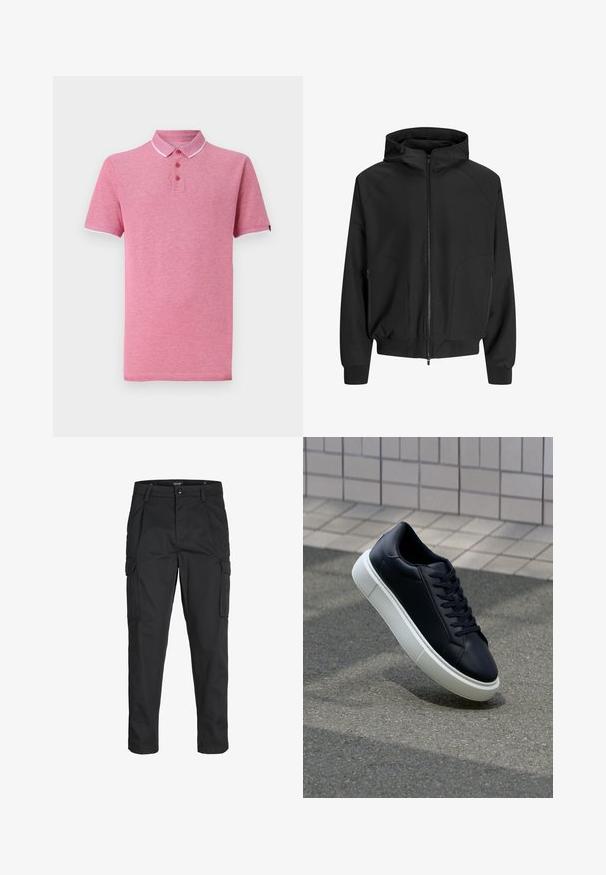 Černá kapucová bunda se zipem vpředu, raglánovými rukávy, bočními kapsami a elastickými manžetami. Vyrobena z hladké látky s volným střihem.; Růžová polo košile s krátkým rukávem, žebrovaným límcem, středovým zapínáním na tři knoflíky a kontrastním bílým lemováním kolem límce a rukávů.; Černé cargo kalhoty vyrobené z odolné tkaniny, s mnoha kapsami, knoflíkovým zapínáním a slim fit střihem se zúženými nohavicemi.; Černé kožené tenisky s kulatou špičkou a bílou gumovou podrážkou. mají ploché tkaničky a minimální šití na svršku. Texturovaná podrážka pro lepší přilnavost.