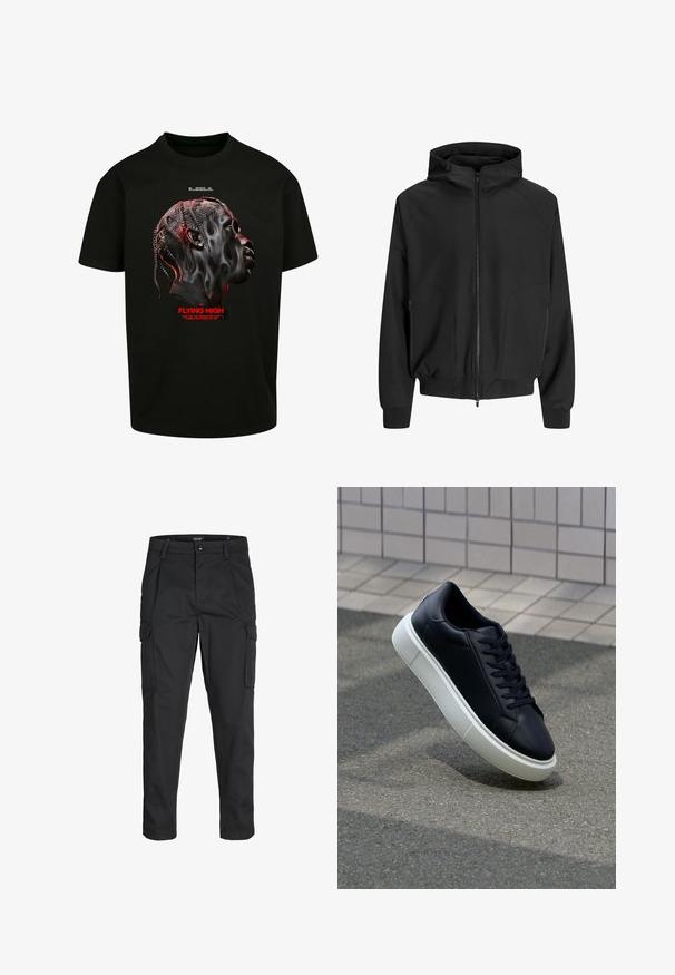 Črna jopica s kapuco in zadrgo spredaj, raglan rokavi, stranske žepke in elastične manšete. Narejena iz gladkega blaga z ohlapnim krojem.; Črna bombažna majica s grafiko stiliziranega obraza v odtenkih siva in rdeča, z rdečim napisom "LETIM VISOKO" spodaj.; Črne cargo hlače iz trdnega blaga, ki imajo več žepov, gumbasto zapiranje in ozek kroj z zožanimi nogami.; Črne usnjene superge z zaobljenim prstom in belim gumijastim podplat. Imajo ravne vezalke in minimalno šivanje na zgornjem delu. Teksturirani podplat za oprijem.