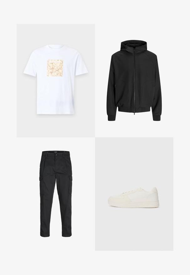 Černá kapucová bunda se zipem vpředu, raglánovými rukávy, bočními kapsami a elastickými manžetami. Vyrobena z hladké látky s volným střihem.; Bílé bavlněné tričko s béžovým čtvercovým potiskem s texturovaným vzorem ve středu. Krátké rukávy a kulatý výstřih.; Černé cargo kalhoty vyrobené z odolné tkaniny, s mnoha kapsami, knoflíkovým zapínáním a slim fit střihem se zúženými nohavicemi.; Bílé tenisky s hladkým koženým svrškem a semišovými akcenty. Obsahují perforovanou špičku, ploché tkaničky a gumovou podrážku s texturovanými detaily.