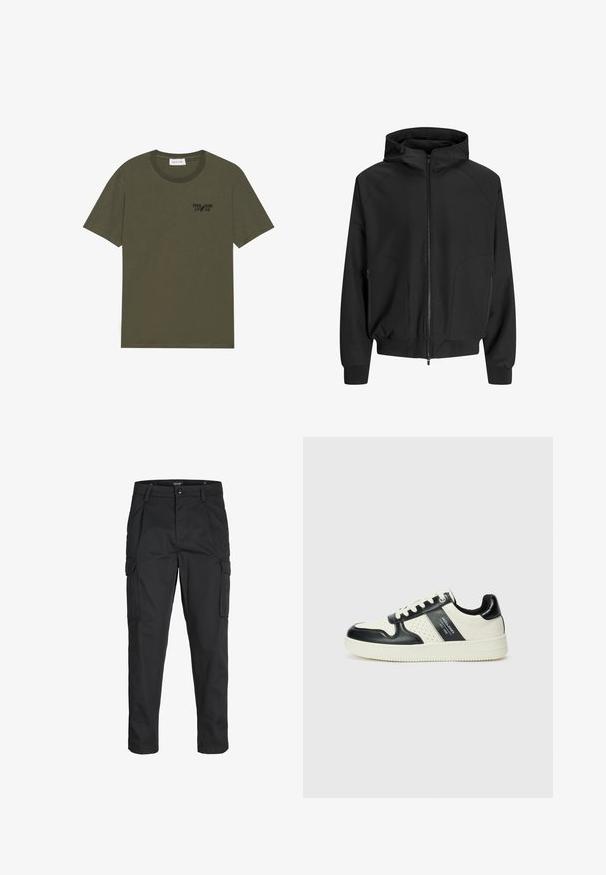 Čierna kapucňová bunda so zipsom vpredu, raglánovými rukávmi, bočnými vreckami a elastickými manžetami. Vyrobená z hladkej tkaniny s voľným strihom.; Pier One Základné tričko - forest night; Čierne cargo nohavice z odolnej látky, s viacerými vreckami, gombíkovým zapínaním a úzkym strihom so zúženými nohavicami.; Kožené tenisky v čierno-krémovej farbe, s perforovanými akcentmi, polstrovaným golierom a štruktúrovanou podrážkou.