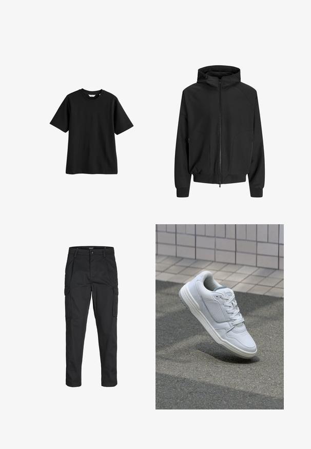Čierna kapucňová bunda so zipsom vpredu, raglánovými rukávmi, bočnými vreckami a elastickými manžetami. Vyrobená z hladkej tkaniny s voľným strihom.; Čierne bavlnené tričko s krátkymi rukávmi, okrúhlym výstrihom a voľným strihom. Hladká textura, žiadne viditeľné vzory ani akcenty.; Čierne cargo nohavice z odolnej látky, s viacerými vreckami, gombíkovým zapínaním a úzkym strihom so zúženými nohavicami.; Biele kožené tenisky s perforovanými stranami, textúrovanými akcentmi, plochými šnúrkami a kontrastnou sivou pätou. Majú mierne zvýšenú podrážku.