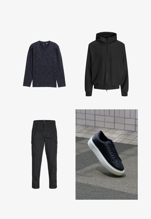 Črna jopica s kapuco in zadrgo spredaj, raglan rokavi, stranske žepke in elastične manšete. Narejena iz gladkega blaga z ohlapnim krojem.; Temna modra dolga majica henley z teksturiranim vzorcem, z V-izrezom in placketom s tremi gumbi. Mehka tkanina.; Črne cargo hlače iz trdnega blaga, ki imajo več žepov, gumbasto zapiranje in ozek kroj z zožanimi nogami.; Črne usnjene superge z zaobljenim prstom in belim gumijastim podplat. Imajo ravne vezalke in minimalno šivanje na zgornjem delu. Teksturirani podplat za oprijem.