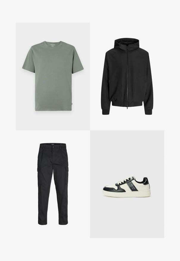Fekete kapucnis dzseki, elől cipzárral, raglán ujjak, oldalsó zsebek és rugalmas mandzsetták. Sima anyagból készült, laza fazonú.; Rövid ujjú, világos zöld póló, puha anyagból készült, kerek nyakkivágással és varrott szegéllyel, amelyen nincsenek látható minták vagy díszítések.; Fekete cargo nadrág, amely tartós anyagból készült, több zsebet tartalmaz, gombos záródással rendelkezik, és karcsú szabású, szűkített lábakkal bír.; Fekete és krém színű bőrsneaker, perforált díszítésekkel, párnázott bokapánttal és texturált talppal.