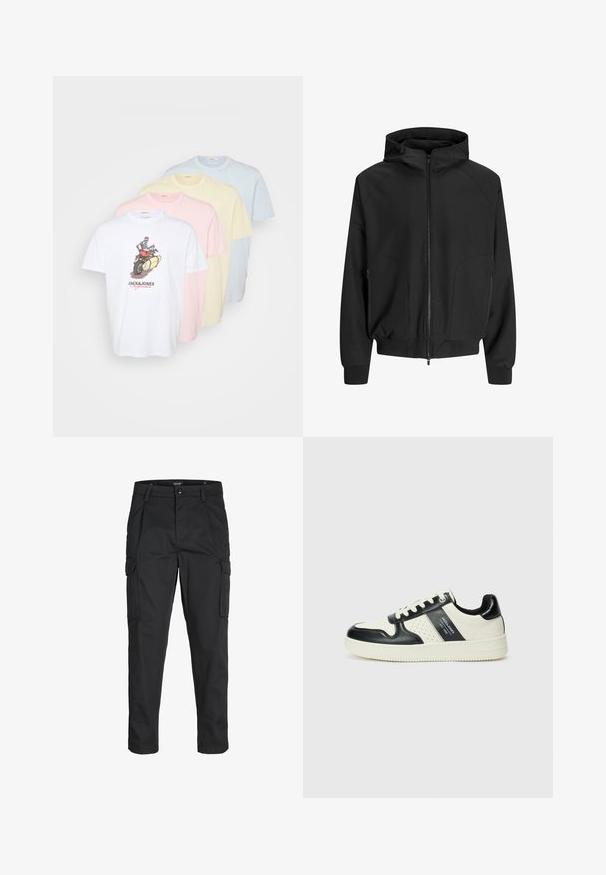 Black hooded jacket with a zip front, raglan sleeves, side pockets, and elastic cuffs. Made from smooth fabric with a loose fit.; Pack of four cotton t-shirts in white, pink, yellow, and light blue. Features a graphic print on the white shirt. Classic crew neck design.; Black cargo pants made of sturdy fabric, featuring multiple pockets, a button closure, and a slim fit design with tapered legs.; Leather sneakers with a black and cream color scheme, featuring perforated accents, a padded collar, and a textured outsole.