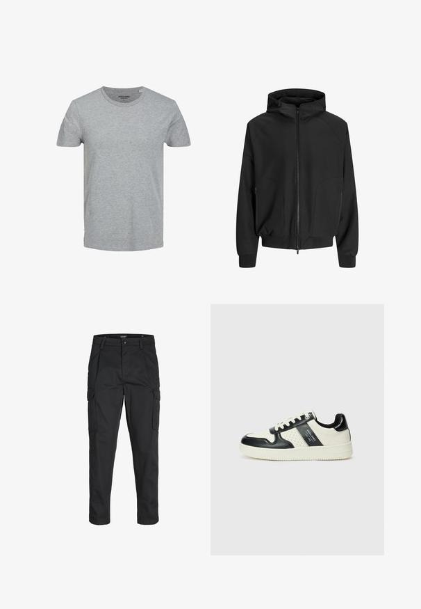 Crna kapuljača jakna s patentnim zatvaračem sprijeda, raglan rukavima, bočnim džepovima i elastičnim manžetama. Napravljena od glatkog materijala s slobodnim krojem.; Siva kratka majica s kratkim rukavima napravljena od mekanog pamuka. Ima klasičan okrugli izrez i regularnu kroj. Jednostavan dizajn bez uzoraka ili naglaska.; Crne cargo hlače izrađene od čvrstog materijala, s brojnim džepovima, kopčanjem na gumb i dizajnom koji pomaže da se prilagode tijelu sa suženim nogavicama.; Kožne tenisice s crno-bijelom paletom boja, koje imaju perforirane akcentne detalje, podstavljeni ovratnik i teksturiranu potplat.