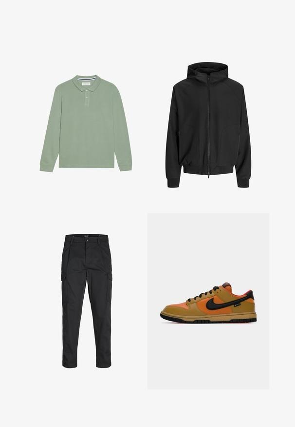 Mustapukuinen hupullinen takki, jossa on vetoketju edessä, raglan-hihat, sivutaskut ja elastiset hihansuut. Valmistettu sileästä kankaasta ja siinä on väljä istuvuus.; Pitkähihaisessa pörröpaidassa on vaaleanvihreä puuvilla, jossa on kaulus, kolme nappia ja kontrastiväriset raidat kauluksessa.; Mustat cargo-housut, jotka on valmistettu kestävästä kankaasta. Housuissa on useita taskuja, nappisulku ja kapea istuvuus, jossa on kapenevat lahkeet.; Tennarit Nike sisältävät sekoituksen vaaleanruskeita, oransseja ja mustia materiaaleja, matalan varren muotoilun, pyöristetyn terän ja kumisen pohjan. Mukana on GORE-TEX-tunnus.