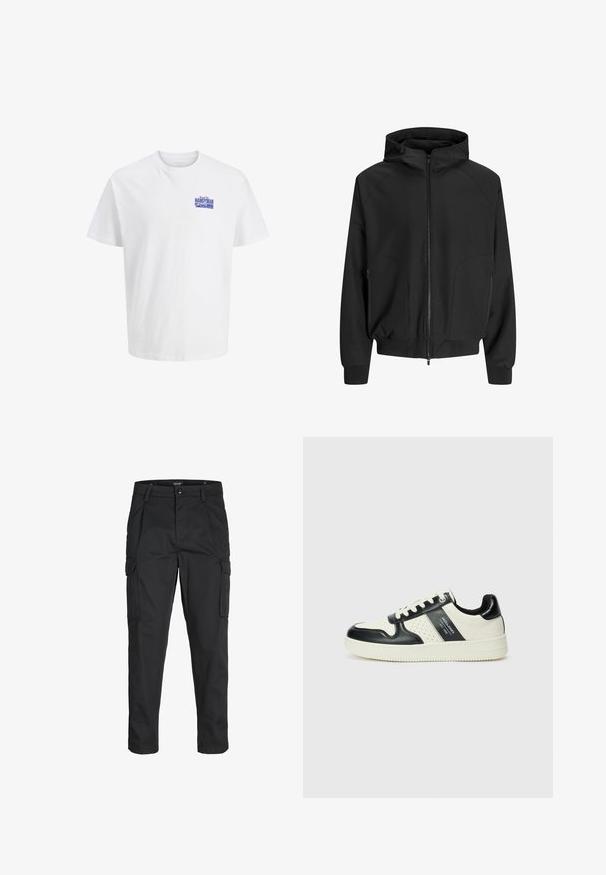 Zwarte hoodiejack met rits aan de voorkant, raglanmouwen, zijzakken en elastische manchetten. Gemaakt van een soepele stof met een losse pasvorm.; Witte T-shirt met korte mouwen en een klein blauw "Handyman" tekstlogo op de linkerbovenborst.; Zwarte cargobroek van stevig stof, met meerdere zakken, een knoopsluiting en een slim fit ontwerp met taps toelopende benen.; Leren sneakers met een zwart en crèmekleurig kleurenschema, voorzien van geperforeerde accenten, een gevoerde kraag en een gestructureerde buitenzool.