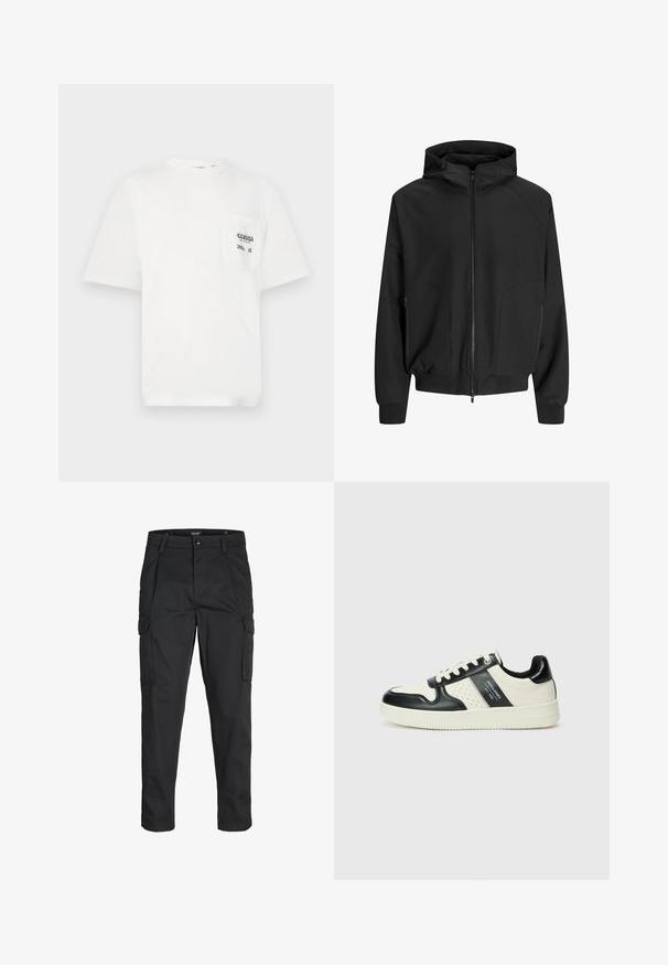 Crna kapuljača jakna s patentnim zatvaračem sprijeda, raglan rukavima, bočnim džepovima i elastičnim manžetama. Napravljena od glatkog materijala s slobodnim krojem.; Bijela pamučna majica s okruglim izrezom, kratkim rukavima i džepom na lijevoj strani prsnog koša s natpisom "ODESSA" i kariranim naglascima.; Crne cargo hlače izrađene od čvrstog materijala, s brojnim džepovima, kopčanjem na gumb i dizajnom koji pomaže da se prilagode tijelu sa suženim nogavicama.; Kožne tenisice s crno-bijelom paletom boja, koje imaju perforirane akcentne detalje, podstavljeni ovratnik i teksturiranu potplat.