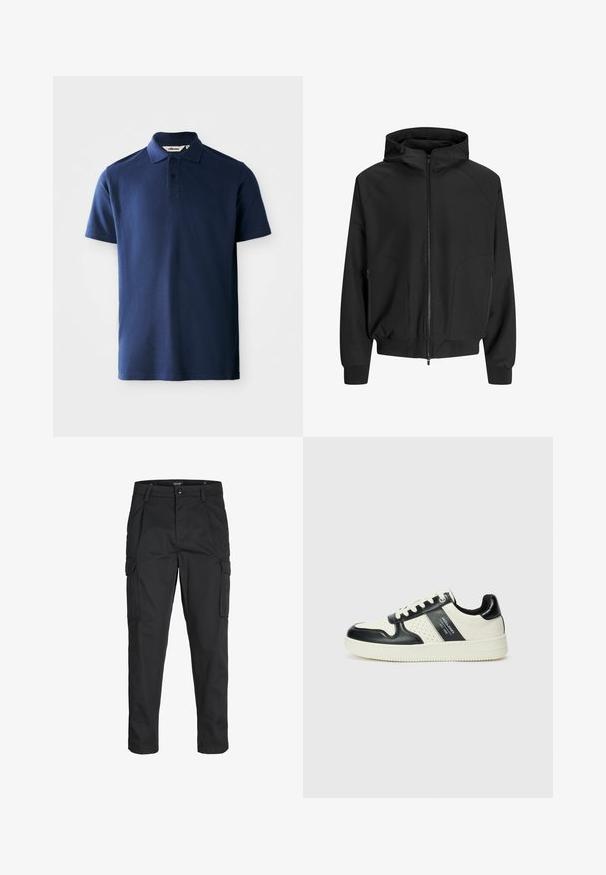 Juodas užtrauktuku užsegamas gobtuvėlis su raglaniniu rankovėmis, šoninėmis kišenėmis ir elastingomis rankovėmis. Pagamintas iš glotnaus audinio, yra laisvo kirpimo.; Tamsiai mėlynas polo marškinėliai, pagaminti iš medvilnės, su klasikinėmis apykaklėmis, dviejų mygtukų užsegimu, trumpomis rankovėmis ir subtiliu siuvinėtu logotipu.; Juodi krovinių tipo džinsai, pagaminti iš tvirto audinio, su keliais kišeniais, mygtuko uždarymu ir siauru, prigludusiu dizainu su siaurėjančiomis kojomis.; Odiniai sportbačiai juodos ir kreminės spalvų schemoje, su perforuotais akcentais, paminkštinta apykakle ir tekstūruotu padu.