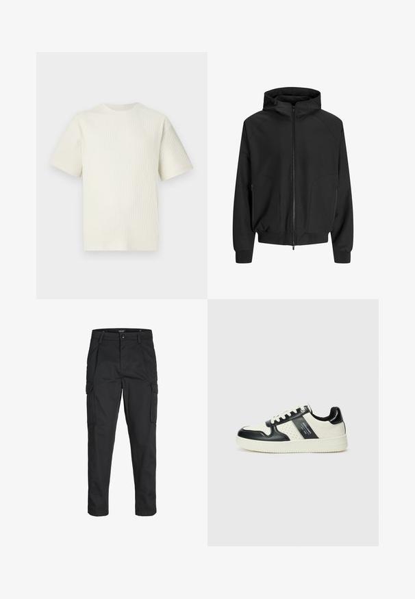 Black hooded jacket with a zip front, raglan sleeves, side pockets, and elastic cuffs. Made from smooth fabric with a loose fit.; Light beige ribbed t-shirt featuring short sleeves and a round neckline, displayed against a plain white background.; Black cargo pants made of sturdy fabric, featuring multiple pockets, a button closure, and a slim fit design with tapered legs.; Leather sneakers with a black and cream color scheme, featuring perforated accents, a padded collar, and a textured outsole.