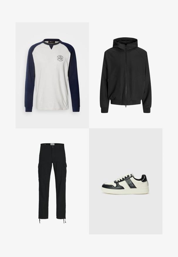 Schwarze Kapuzenjacke mit Reißverschluss, Raglanärmeln, seitlichen Taschen und elastischen Bündchen. Hergestellt aus glattem Stoff mit lockerer Passform.; INDICODE JEANS Langarmshirt - navy/off-white; Schwarze Cargo-Hosen mit geradem Schnitt, ausgestattet mit Seitentaschen, einem Knopfverschluss und elastischen Zugbändern an den Knöcheln. Hergestellt aus strapazierfähigem Stoff.; Leder-Sneaker in Schwarz- und Cremetönen, mit perforierten Akzenten, einem gepolsterten Kragen und einer strukturierten Laufsohle.