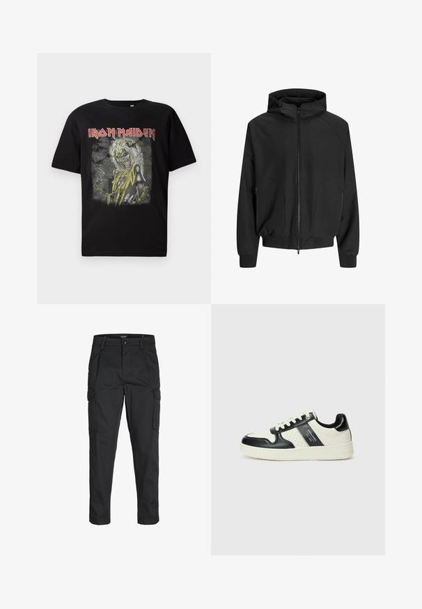 Chaqueta negra con capucha, cremallera frontal, mangas raglán, bolsillos laterales y puños elásticos. Hecha de una tela suave con un corte holgado.; Camiseta de algodón negra con un diseño gráfico de una figura esquelética con acentos amarillos y el texto "Iron Maiden" en rojo, con cuello redondo.; Pantalones cargo negros hechos de tela resistente, que cuentan con múltiples bolsillos, un cierre de botón y un diseño de corte slim con piernas ajustadas.; Zapatillas de cuero con un esquema de colores negro y crema, que cuentan con acentos perforados, un collar acolchado y una suela texturizada.