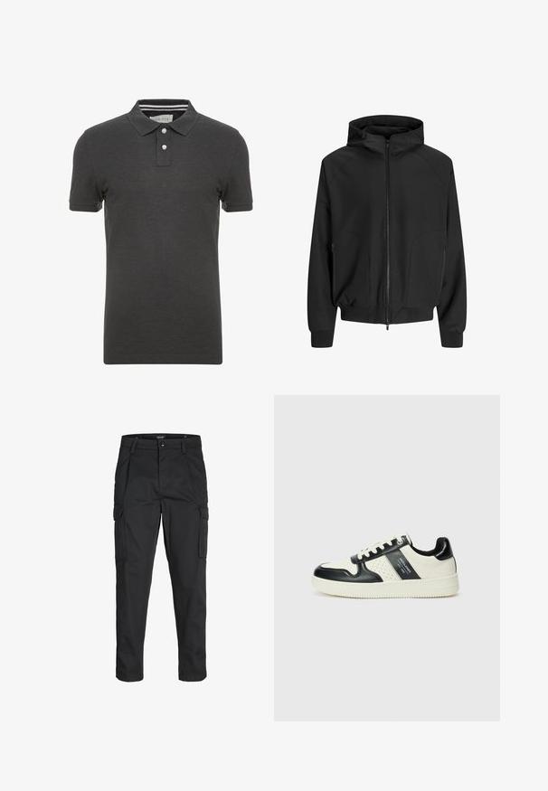 Czarna kurtka z kapturem, z zamkiem z przodu, raglanowymi rękawami, bocznymi kieszeniami i elastycznymi mankietami. Wykonana z gładkiego materiału o luźnym kroju.; Ciemnoszara koszulka polo z krótkimi rękawami, kołnierzykiem i zapięciem na trzy guziki. Posiada subtelny paskowany detal wewnątrz kołnierza.; Czarne spodnie cargo wykonane z wytrzymałego materiału, z wieloma kieszeniami, zapięciem na guzik oraz zwężanym krojem nogawek.; Skórzane sneakersy w czarno-kremowym schemacie kolorystycznym, z perforowanymi akcentami, wyściełanym kołnierzem i teksturowaną podeszwą.