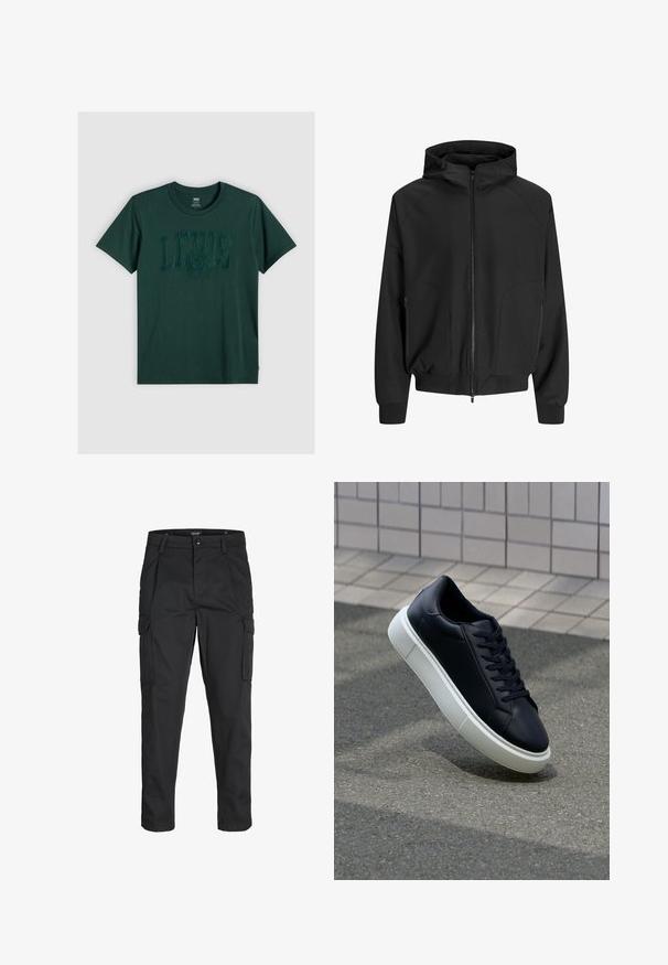 Svart hettejakke med glidelås foran, raglanermer, sidelommer og elastiske mansjetter. Laget av glatt stoff med løs passform.; Mørkegrønn bomulls t-skjorte med korte ermer, med et teksturert LEVI'S-logo i en mørkere grønnfarge, rund hals, og rett hem.; Sorte cargo bukser laget av slitesterkt stoff, med flere lommer, knappelukking og en slim fit-design med avsmalnede ben.; Sorte skinnsneakers med rund tå og hvit gummisåle. Har flate lisser og minimal søm på overdelen. Strukturert såle for grep.