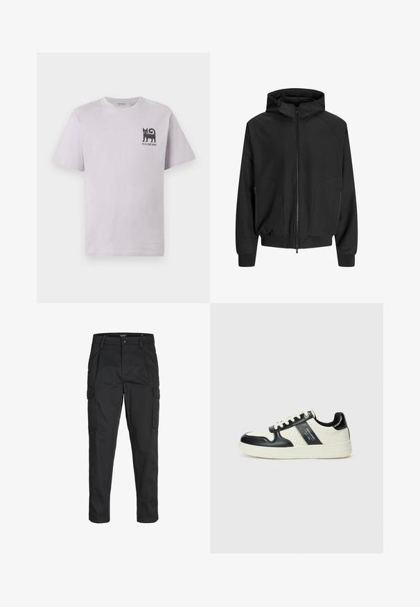 Czarna kurtka z kapturem, z zamkiem z przodu, raglanowymi rękawami, bocznymi kieszeniami i elastycznymi mankietami. Wykonana z gładkiego materiału o luźnym kroju.; Koszulka bawełniana z krótkim rękawem w jasnopurpurowym kolorze z grafiką czarnego kota oraz tekstem na lewej piersi. Okrągły dekolt i luźny krój.; Czarne spodnie cargo wykonane z wytrzymałego materiału, z wieloma kieszeniami, zapięciem na guzik oraz zwężanym krojem nogawek.; Skórzane sneakersy w czarno-kremowym schemacie kolorystycznym, z perforowanymi akcentami, wyściełanym kołnierzem i teksturowaną podeszwą.