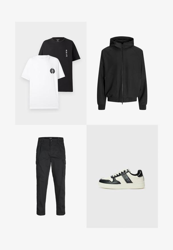 Chaqueta negra con capucha, cremallera frontal, mangas raglán, bolsillos laterales y puños elásticos. Hecha de una tela suave con un corte holgado.; Dos camisetas de algodón: una blanca con un gráfico circular negro y texto, y una negra con texto blanco vertical. De manga corta y cuello redondo.; Pantalones cargo negros hechos de tela resistente, que cuentan con múltiples bolsillos, un cierre de botón y un diseño de corte slim con piernas ajustadas.; Zapatillas de cuero con un esquema de colores negro y crema, que cuentan con acentos perforados, un collar acolchado y una suela texturizada.