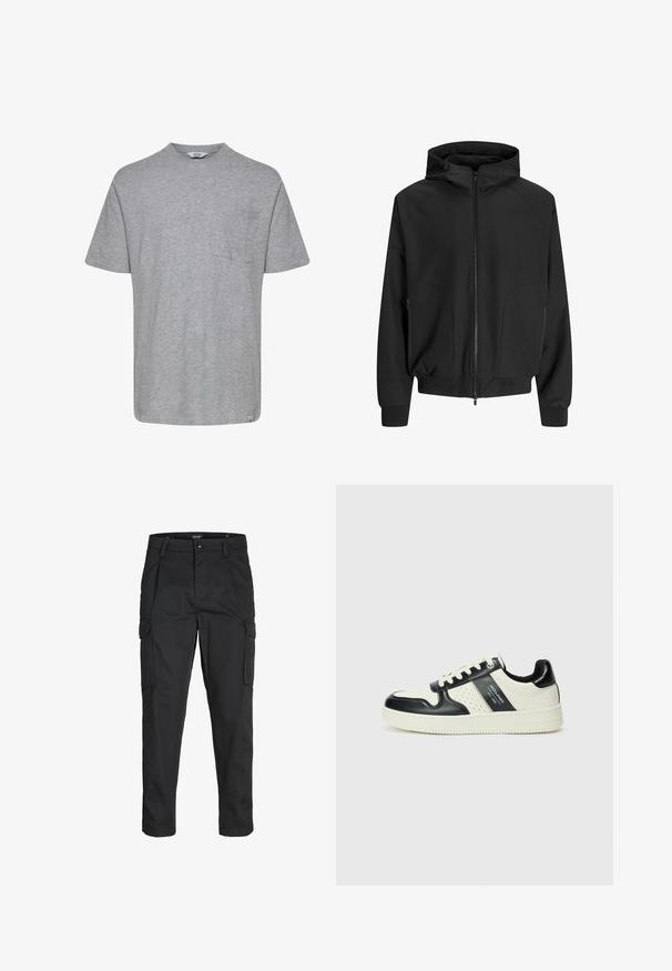 Chaqueta negra con capucha, cremallera frontal, mangas raglán, bolsillos laterales y puños elásticos. Hecha de una tela suave con un corte holgado.; Camiseta gris de manga corta hecha de tela suave. Con cuello redondo y bolsillo en el pecho izquierdo, con un dobladillo recto. Diseño minimalista.; Pantalones cargo negros hechos de tela resistente, que cuentan con múltiples bolsillos, un cierre de botón y un diseño de corte slim con piernas ajustadas.; Zapatillas de cuero con un esquema de colores negro y crema, que cuentan con acentos perforados, un collar acolchado y una suela texturizada.