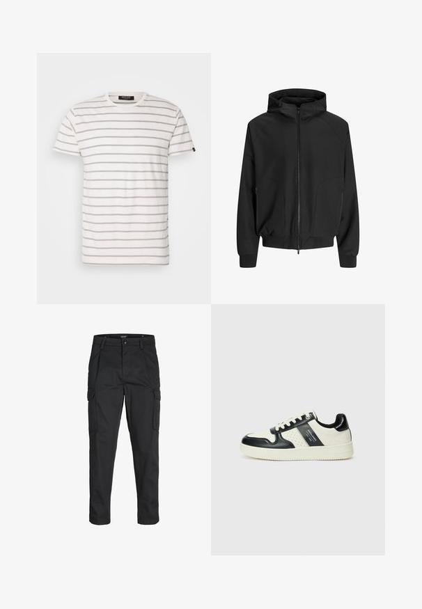 Chaqueta negra con capucha, cremallera frontal, mangas raglán, bolsillos laterales y puños elásticos. Hecha de una tela suave con un corte holgado.; Camiseta de manga corta y cuello redondo en blanco con rayas grises alternas. Tejido suave con un corte regular y dobladillo recto. Etiqueta de la marca en el costado.; Pantalones cargo negros hechos de tela resistente, que cuentan con múltiples bolsillos, un cierre de botón y un diseño de corte slim con piernas ajustadas.; Zapatillas de cuero con un esquema de colores negro y crema, que cuentan con acentos perforados, un collar acolchado y una suela texturizada.