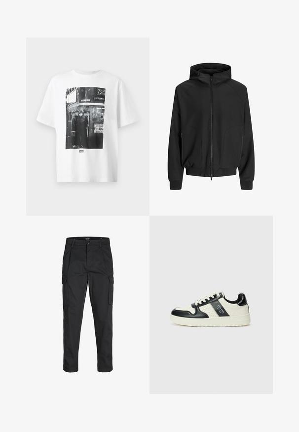 Crna kapuljača jakna s patentnim zatvaračem sprijeda, raglan rukavima, bočnim džepovima i elastičnim manžetama. Napravljena od glatkog materijala s slobodnim krojem.; Bijela pamučna majica s crno-bijelom fotografijom četiri figure na autobusu, s tekstom i grafikom vezanim uz kazalište i autobusnu liniju.; Crne cargo hlače izrađene od čvrstog materijala, s brojnim džepovima, kopčanjem na gumb i dizajnom koji pomaže da se prilagode tijelu sa suženim nogavicama.; Kožne tenisice s crno-bijelom paletom boja, koje imaju perforirane akcentne detalje, podstavljeni ovratnik i teksturiranu potplat.