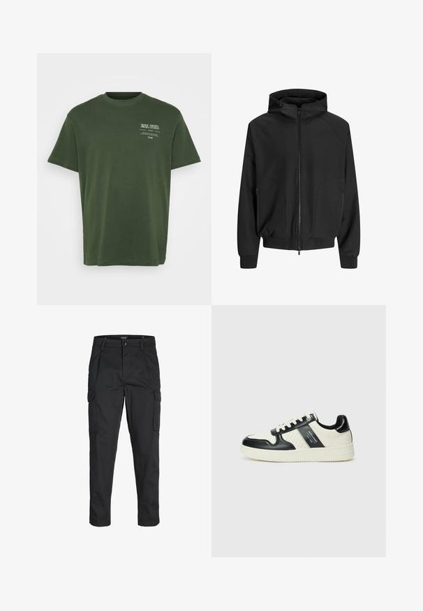 Black hooded jacket with a zip front, raglan sleeves, side pockets, and elastic cuffs. Made from smooth fabric with a loose fit.; Green cotton t-shirt with a crew neck, short sleeves, and printed text in white on the upper left side. Smooth texture, relaxed fit.; Black cargo pants made of sturdy fabric, featuring multiple pockets, a button closure, and a slim fit design with tapered legs.; Leather sneakers with a black and cream color scheme, featuring perforated accents, a padded collar, and a textured outsole.