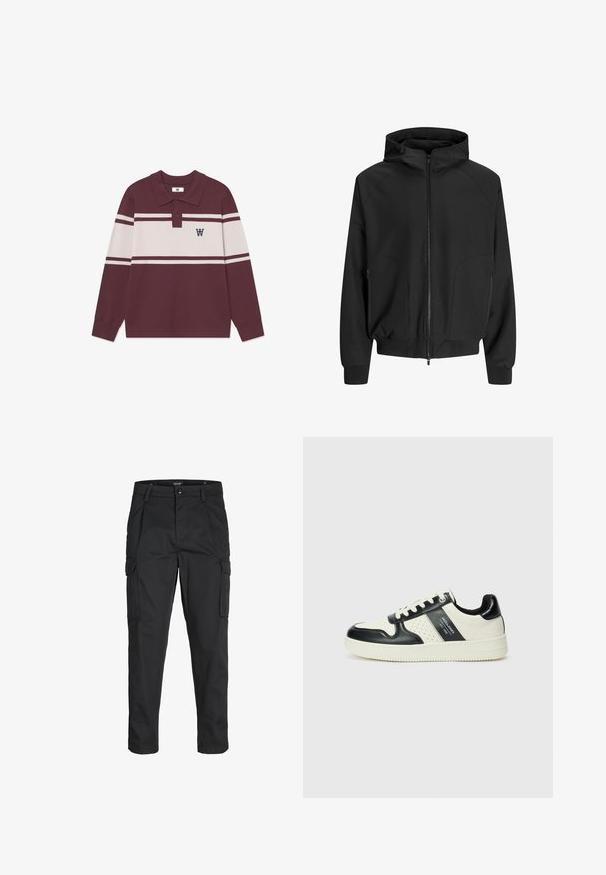 Juodas užtrauktuku užsegamas gobtuvėlis su raglaniniu rankovėmis, šoninėmis kišenėmis ir elastingomis rankovėmis. Pagamintas iš glotnaus audinio, yra laisvo kirpimo.; Burgundi ilgos rankovės polo marškiniai su baltomis horizontaliomis juostelėmis, dviem mygtukais ir juodu "W" logotipu kairėje krūtinės pusėje.; Juodi krovinių tipo džinsai, pagaminti iš tvirto audinio, su keliais kišeniais, mygtuko uždarymu ir siauru, prigludusiu dizainu su siaurėjančiomis kojomis.; Odiniai sportbačiai juodos ir kreminės spalvų schemoje, su perforuotais akcentais, paminkštinta apykakle ir tekstūruotu padu.