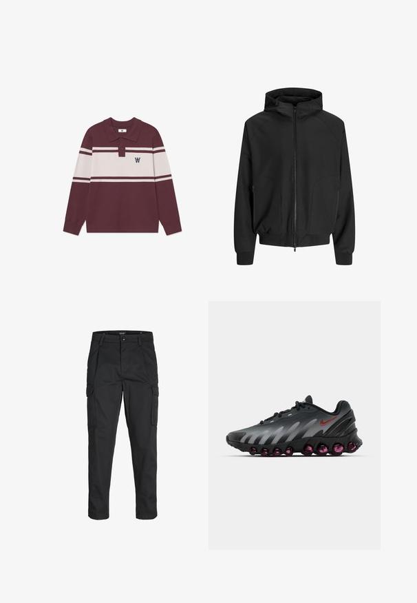Schwarze Kapuzenjacke mit Reißverschluss, Raglanärmeln, seitlichen Taschen und elastischen Bündchen. Hergestellt aus glattem Stoff mit lockerer Passform.; Langärmeliges bordeauxfarbenes Poloshirt mit weißen horizontalen Streifen, zwei Knöpfen und einem schwarzen "W"-Logo auf der linken Brust.; Schwarze Cargo-Hose aus robustem Material, mit mehreren Taschen, einem Knopfverschluss und einem Slim-Fit-Design mit schmal zulaufenden Beinen.; Nike Sportswear AIR MAX DN8 - Sneaker low - dark smoke grey/pink blast/black/pure platinum