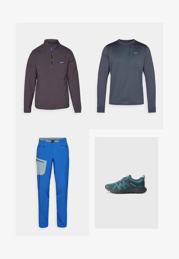 Casaco tipo pullover em tecido cinza escuro com fecho de meia-zíper na frente, colarinho alto e um bolso no peito com detalhe em azul e logótipo.; Camisa sintética de manga longa, azul-marinho, com um colarinho redondo, bolso no peito e fecho de meio zíper. Textura suave e design justo.; Calças de exterior azuis com um bolso de destaque cinza claro, equipadas com bolsos com fecho, cintura ajustável e pernas ajustadas.; Columbia PEAKFREAK ROAM - Sapatos de caminhada - everblue/dark grey