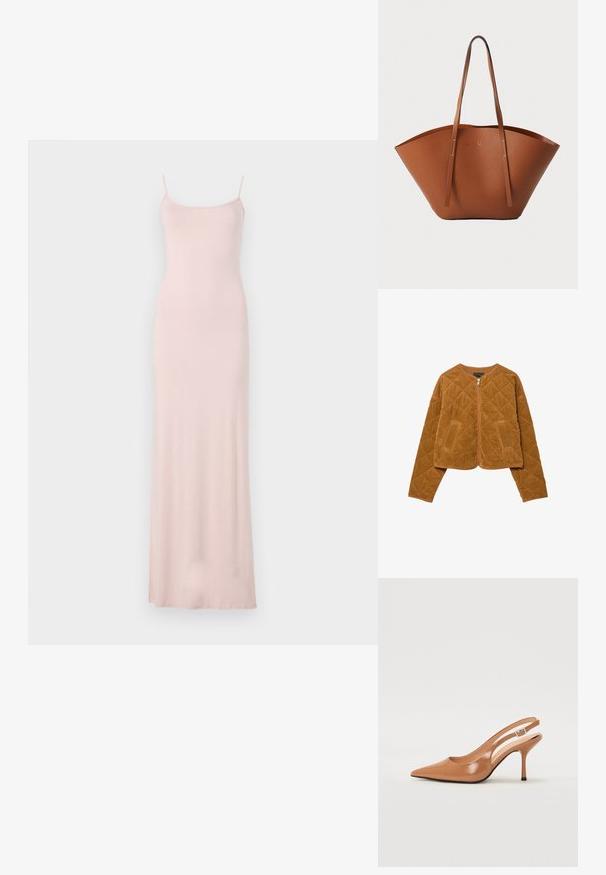Smeđa dušena žakard jakna s prednjim patentnim zatvaračem i dva džepa, dugih rukava i okruglog izreza.; Roze, bezručni maksi haljina s uskim korzetom i lepršavom suknjom. Izrađena od mekog, glatkog materijala s minimalističkim dizajnom i bez vidljivih uzoraka.; Sandal s petom u obliku šiljastog prsta od glatkog, sjajnog smeškastog materijala. Ima zakrivljeni izrez i vitku štiklu. Detalj s srebrnom kopčom.; Smeđa kožna torba za nošenje s širokim, strukturiranim oblikom, tankim ručkama i teksturiranom površinom. Ima minimalistički dizajn bez vidljivih dijelova metalne opreme.
